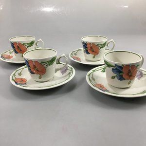 Villeroy & Boch Amapola Set of 4 Porcelain Cups Saucer Blue Orange Poppy